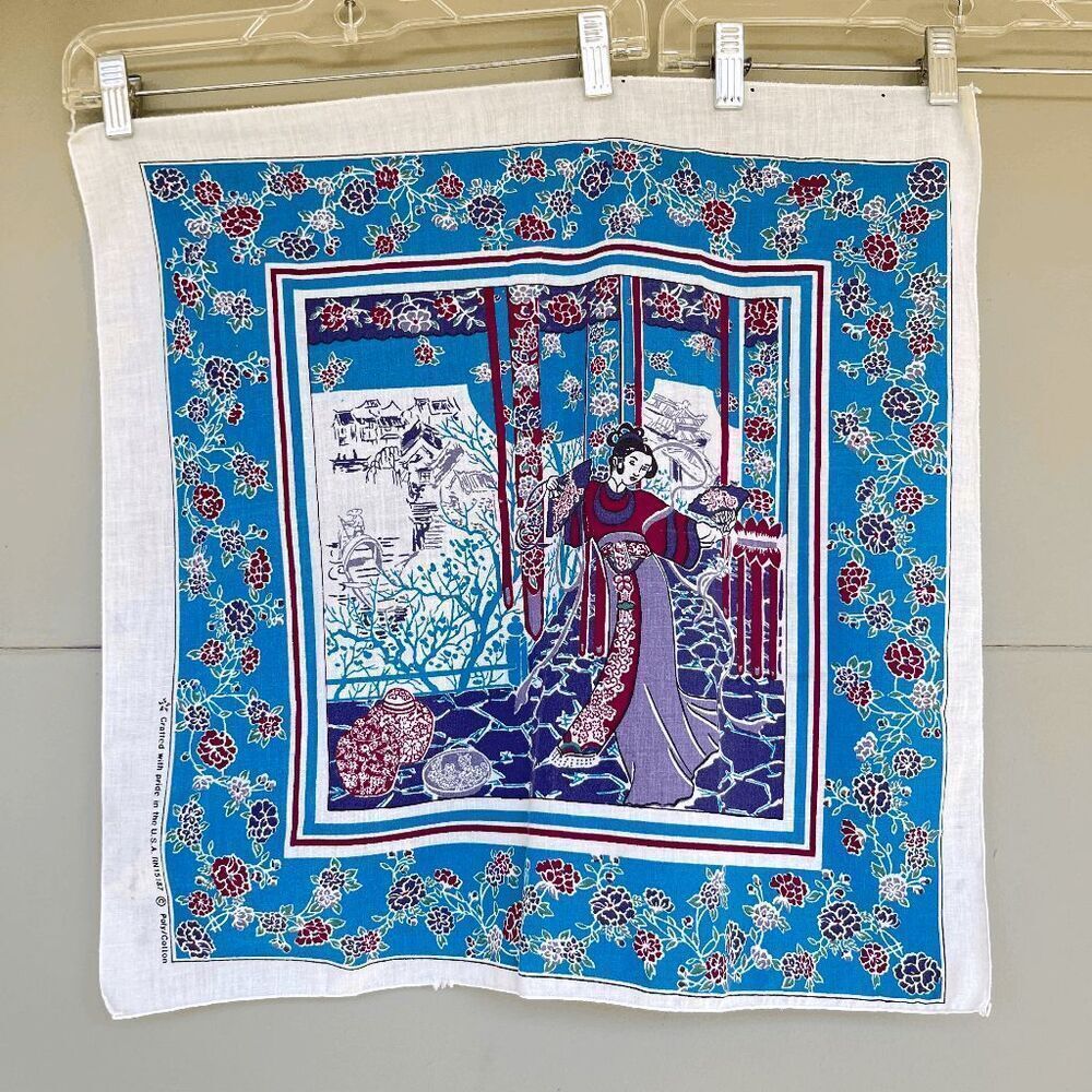 Vintage 80s Asian-Inspired Floral Poly Cotton Handkerchief Scarf USA